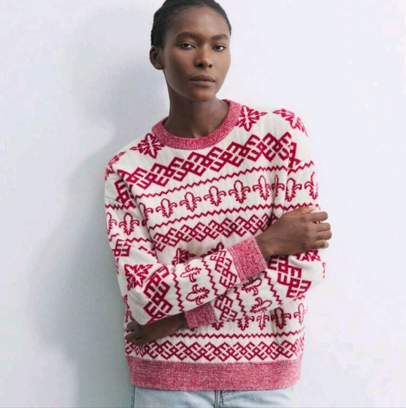 Women's Casual Crew Neck Loose Fit Colorblock Geometric Snowflake Graphic Sweate - Picture 2 of 3